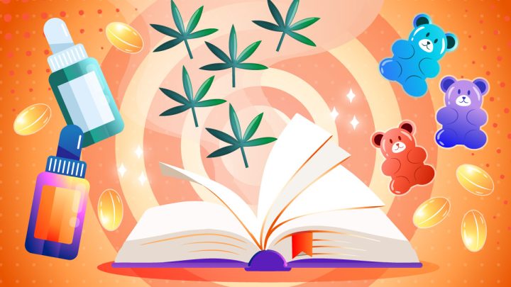 Illustration of a book and CBD products symbolizing the History of CBD.