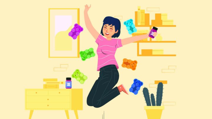 A woman full of energy with CBG gummies illustration