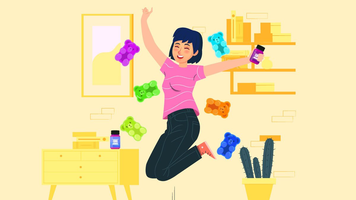 A woman full of energy with CBG gummies illustration