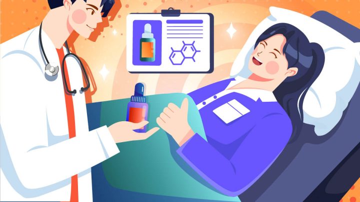 Illustration of a patient and a doctor holding a CBD oil bottle