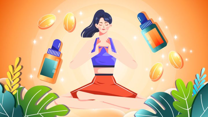 Illustration of a girl meditating with CBD products surrounding her.