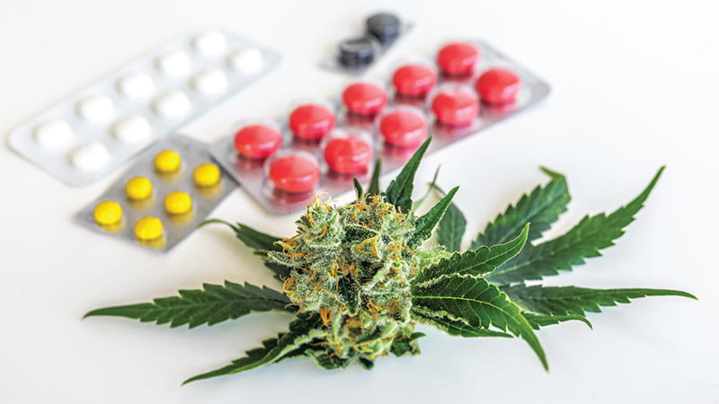 Hemp leaves and buds with medications