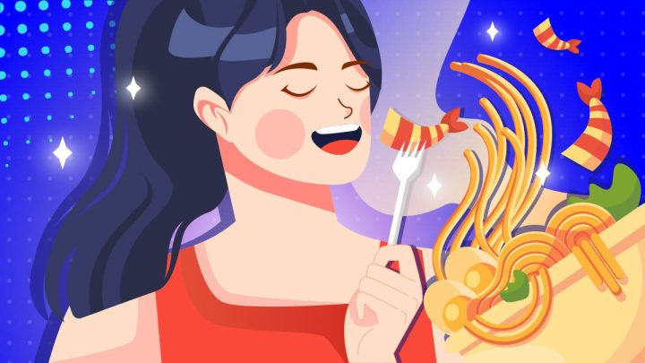Illustration of a girl enjoying her food after taking CBD.