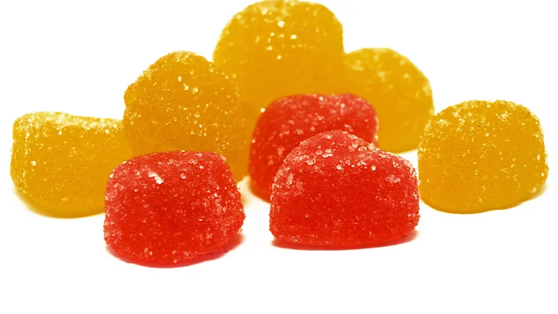 Delta 8 THC gummies in red and yellow color