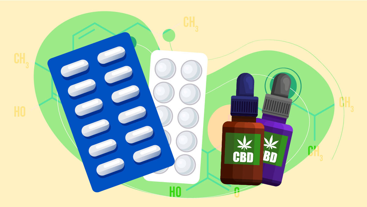 Illustration of pain killers and other medication with CBD Oil