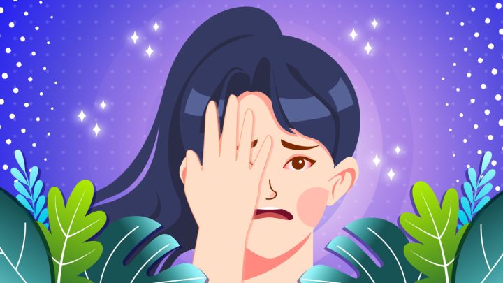 Illustration Image of Woman panicking because of her red eyes.