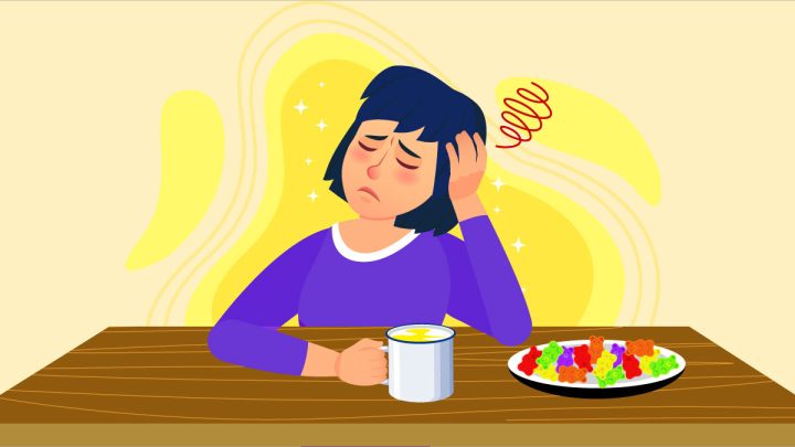 Illustration image of woman looking tired drinking with CBD Gummies on a plate