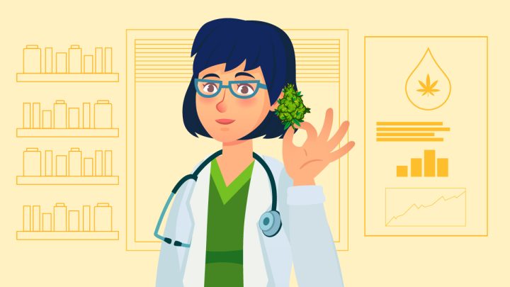 Illustration of a scientist holding marijuana flower