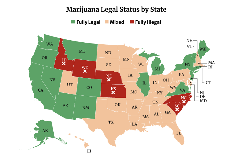 US state map of legalized weed