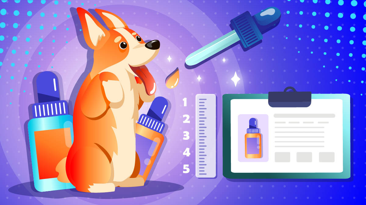 Illustration of a dog with CBD oil and a dosage chart