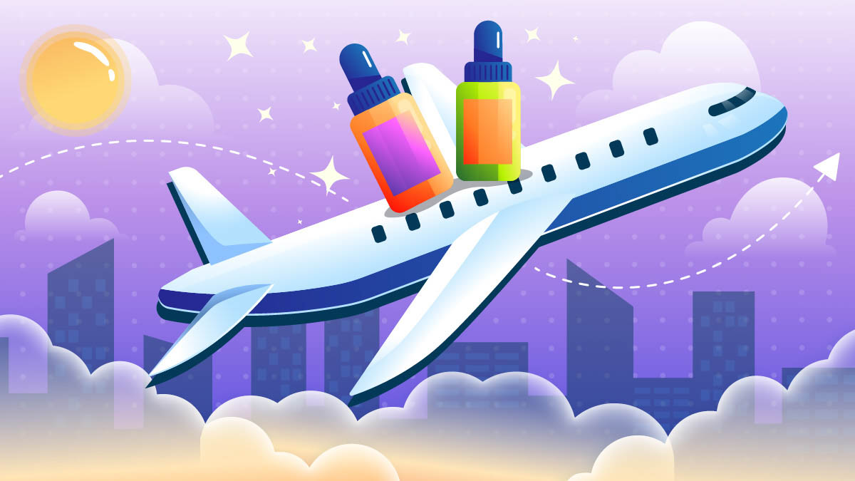 Illustration of a plane with delta 8 bottles