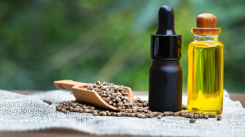 Hemp oil in a bottle and seeds in blurred background