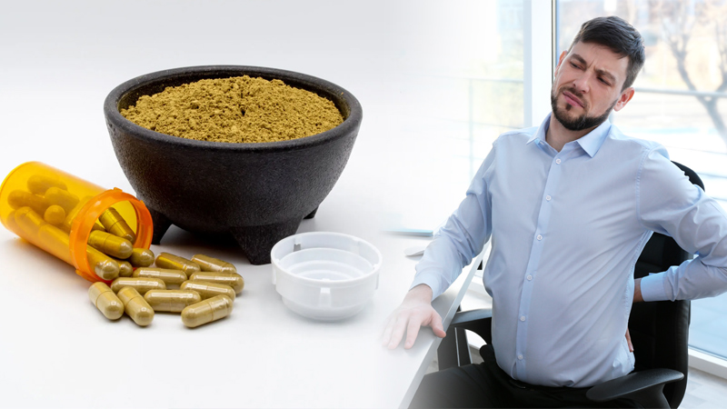 Man with back pain and Kratom extracts & capsules
