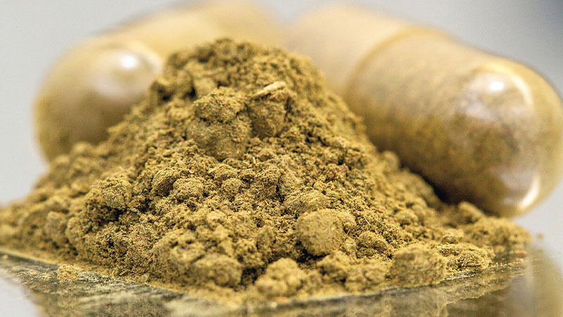 Kratom powder and capsules in blurred background