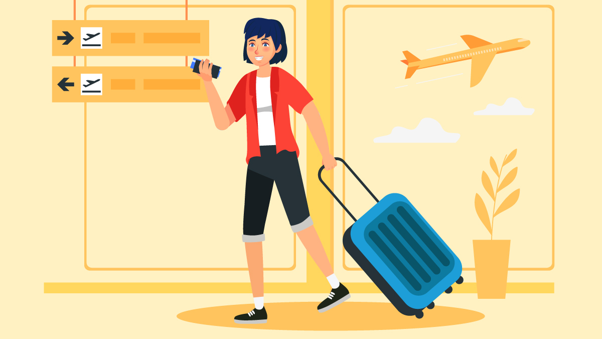 Woman carrying a delta 8 cart and luggage illustration