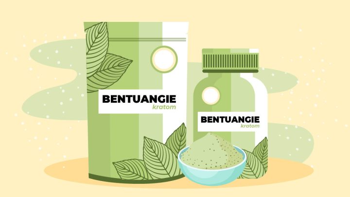 Illustration of Bentuangie Kratom powder and the packaging of the powder and capsule products.