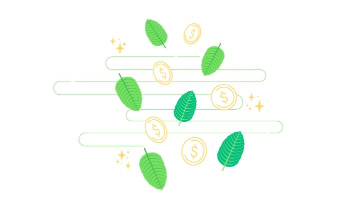 Illustration of falling kratom leaves with dollar coins.