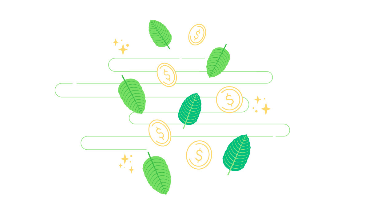 Illustration of falling kratom leaves with dollar coins.