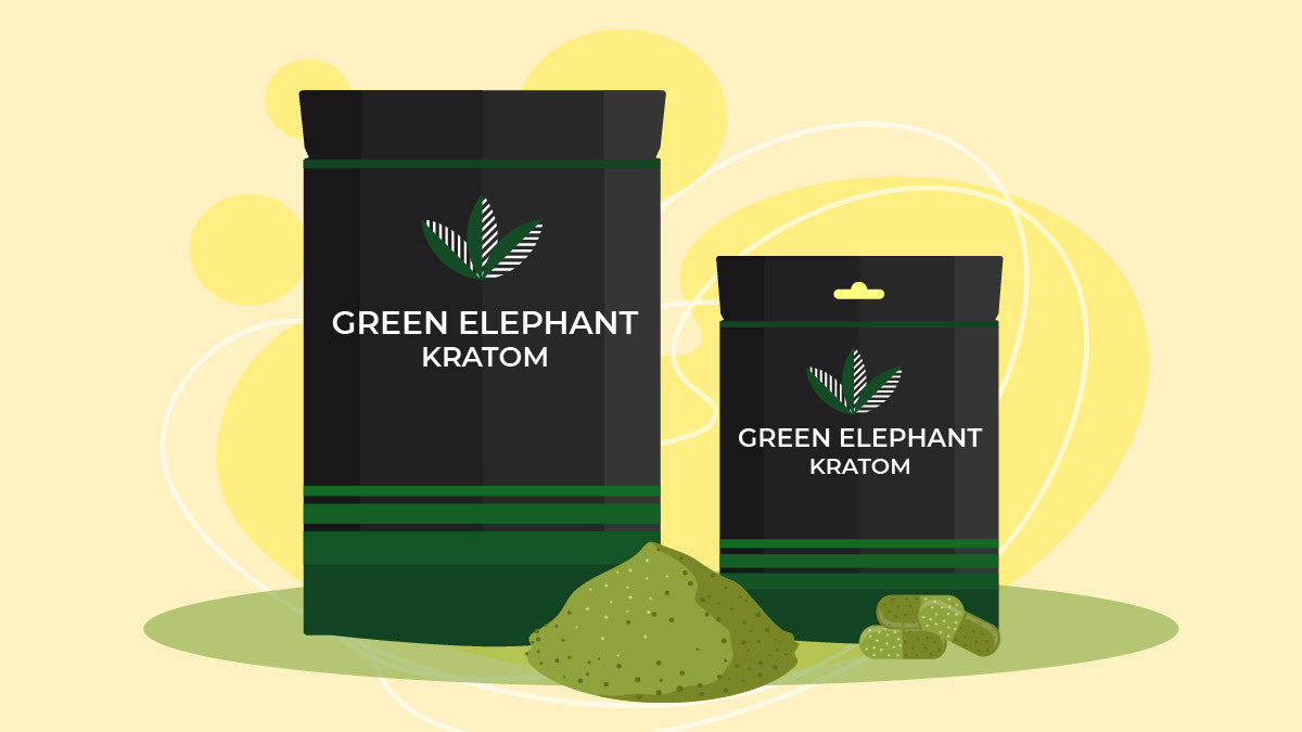 Illustration of Green Elephant Kratom powder and capsules with its packaging.