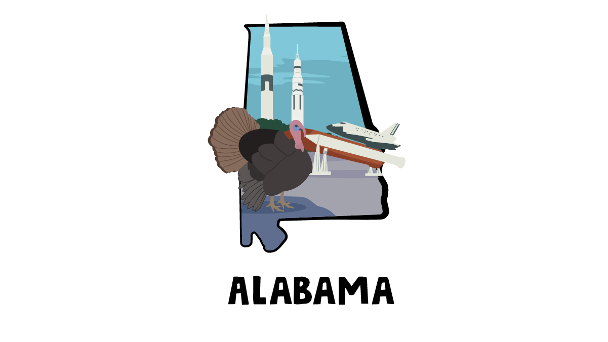 Illustration of Alabama turkey and Nasa's rocket and space shuttle in the back
