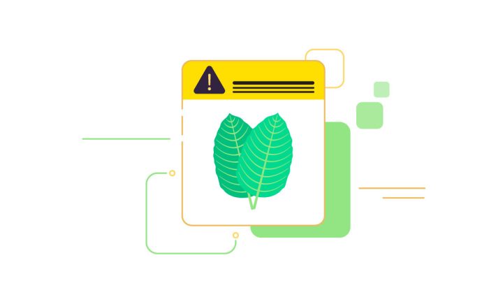Illustration of Kratom leaves with a warning sign.