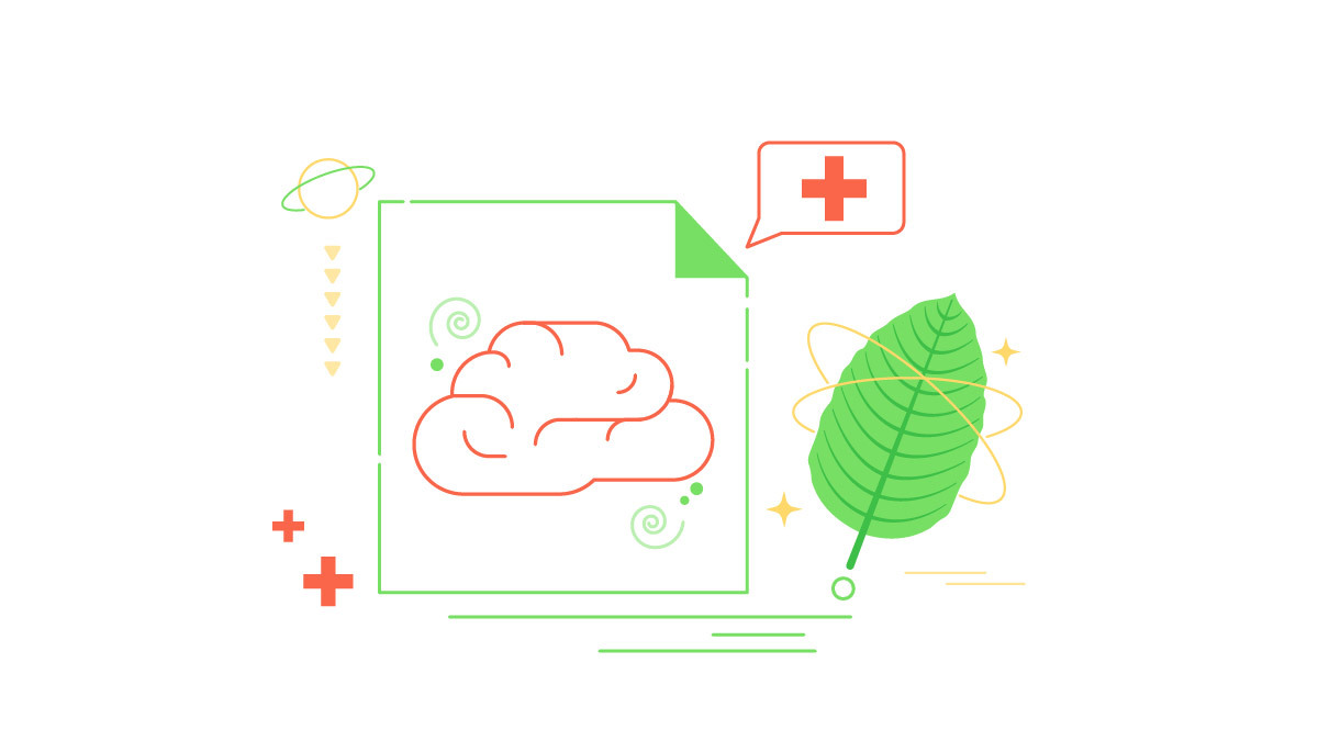 Illustration of a kratom leaf and its side effects on the brain.