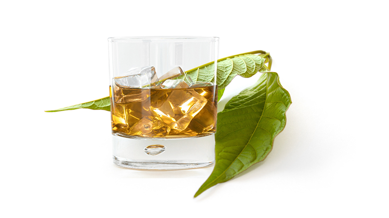 Alcohol in a glass and Kratom leaves in white background