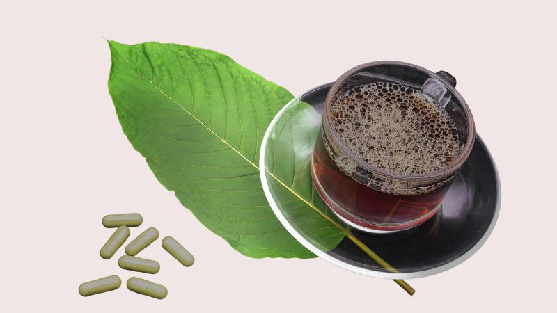 Kratom tea on a saucer with Kratom capsules on the left side