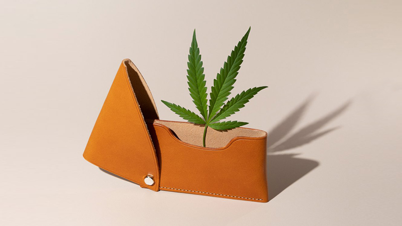 A wallet contains a cannabis leaf which is the source of Delta 8 THC which is a source of Delta 8 THC.