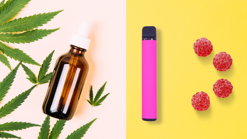 Delta 8 tincture, vape, and gummies with hemp leaves