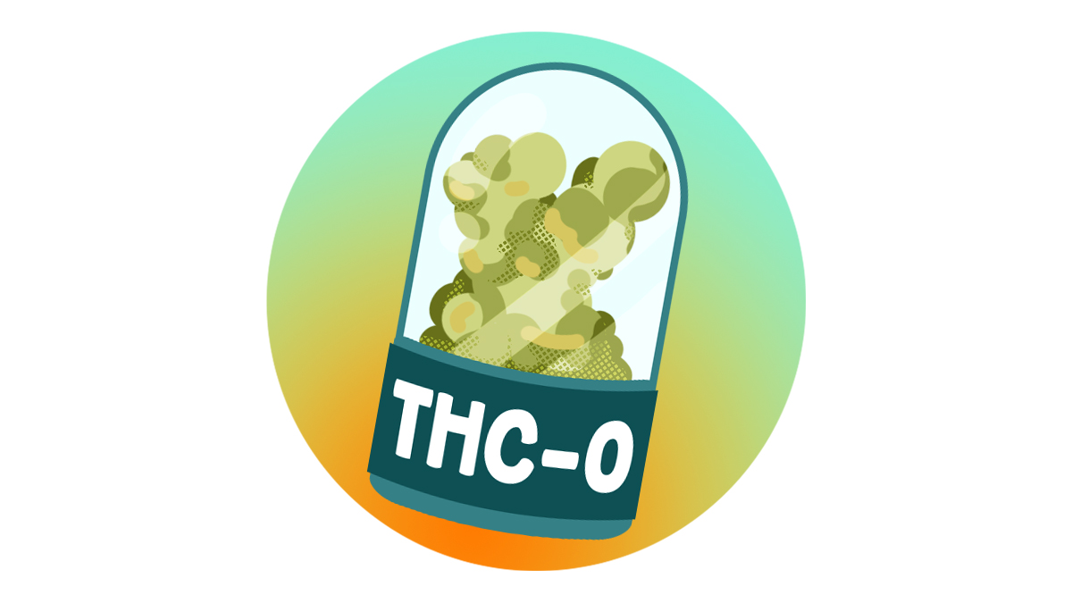 An illustration of cannabis flowers containing THC-O in a jar.