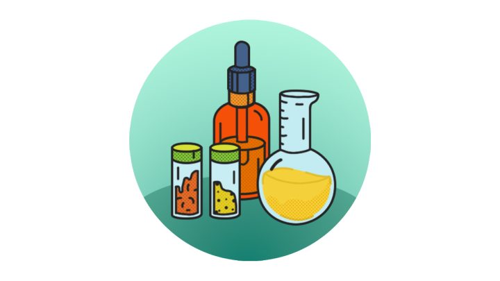 Illustration of a CBD oil bottle and its ingredients.