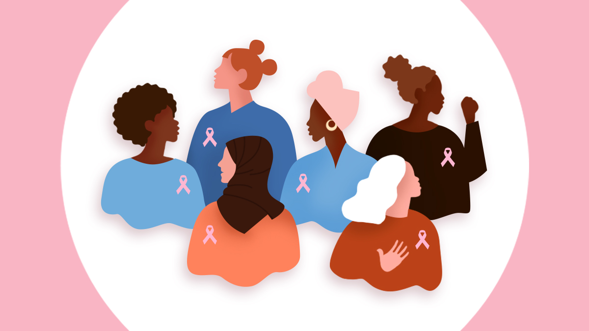 A group of women wearing the breast cancer awareness sign.