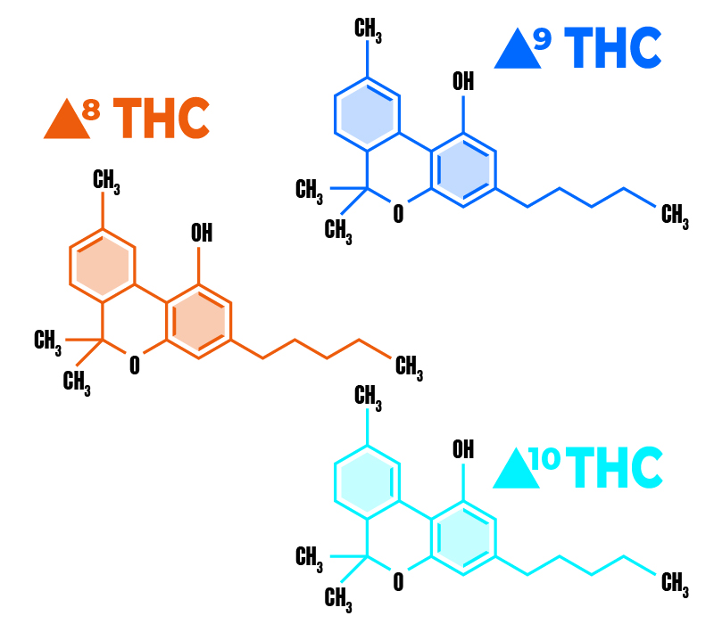 Chemical structures of Delta 8, Delta 9, and Delta 10 THC