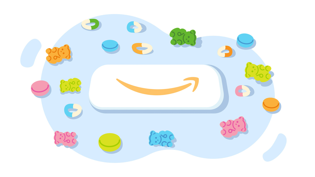 Illustration of Amazon logo with a lot of gummies surrounding