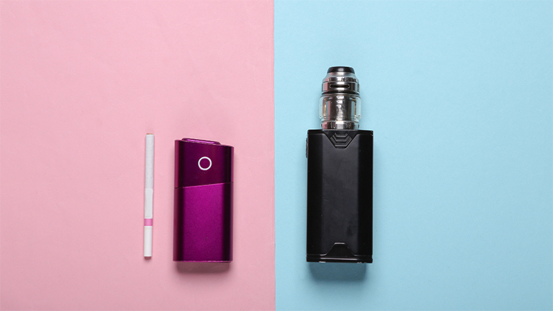 Delta 8 THC vape in pink and blue background