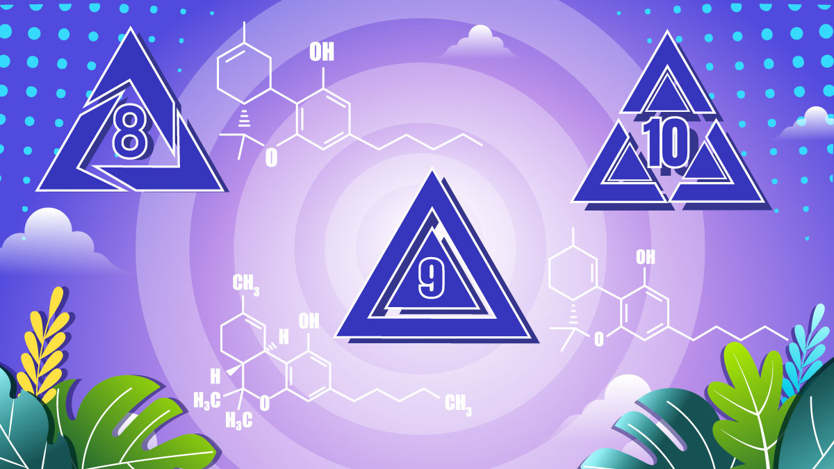 Illustration of Delta 8 THC, Delta 9 THC, and Delta 10 THC signs.