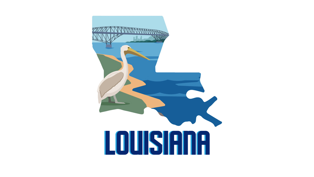 illustration of Texas Street Bridge and a pelican in Louisiana