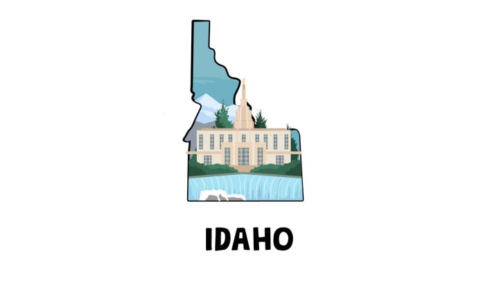Illustration of Idaho Fall Temple with mountain in the back
