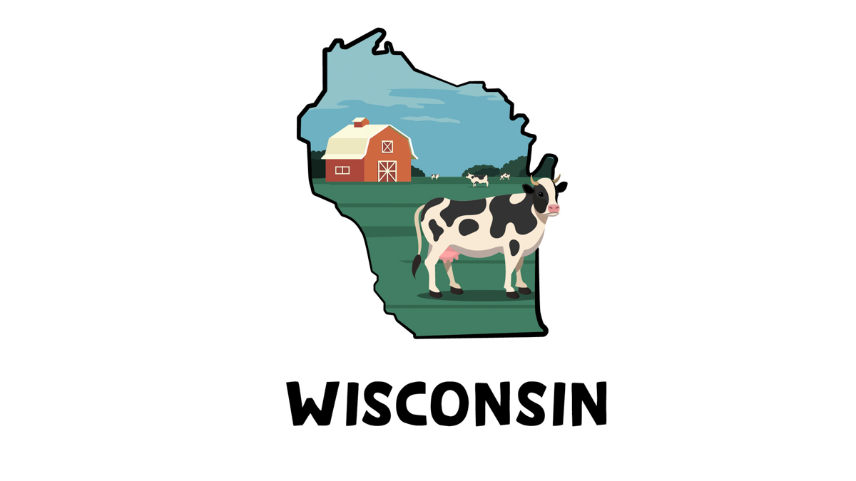 Illustration of a ranch house and cows in Wisconsin