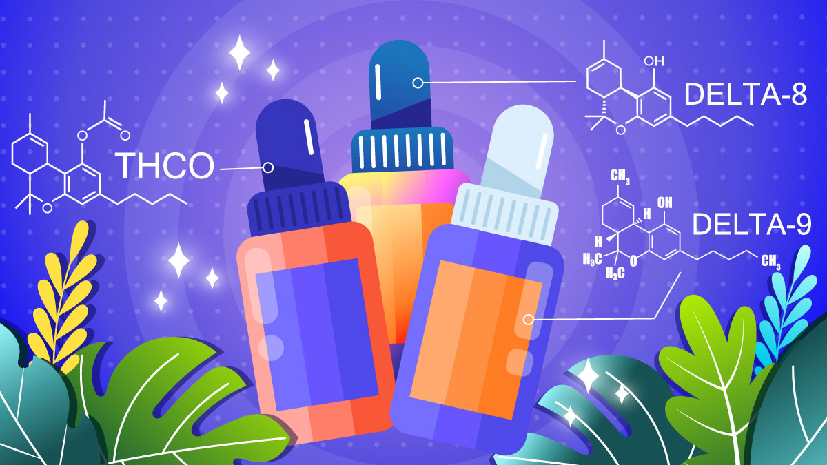 Illustration of different bottles with THC-O, Delta 8 THC and Delta 9 THC chemical structures.