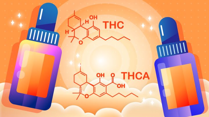 Illustration of THCA and THC bottles with their chemical structures.