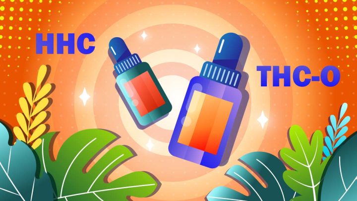 Illustration of THC-O and HHC bottles.
