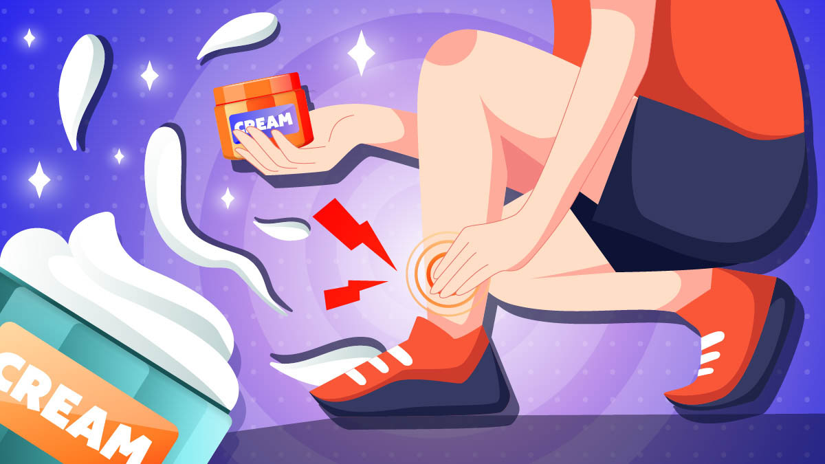 Person suffering tendonitis applying CBD cream illustration