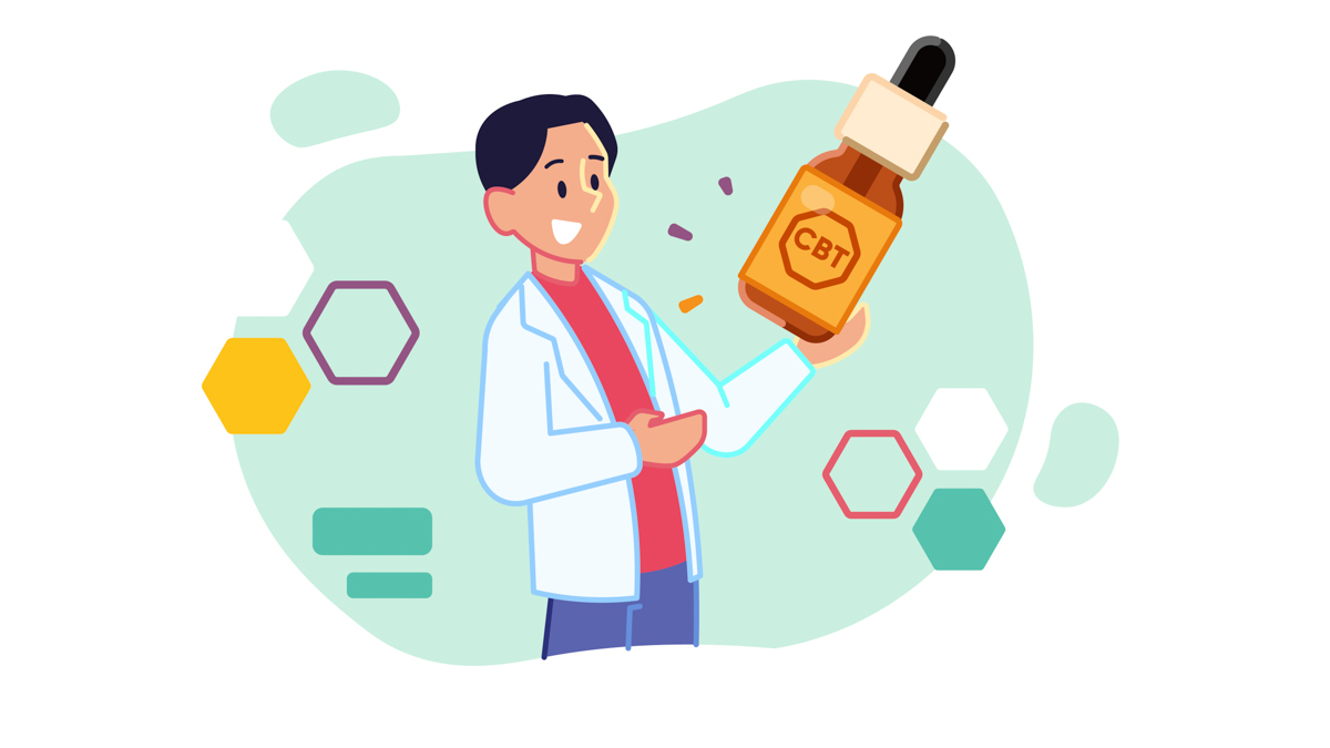 Illustration of a person wearing a white lab coat holding a CBT bottle