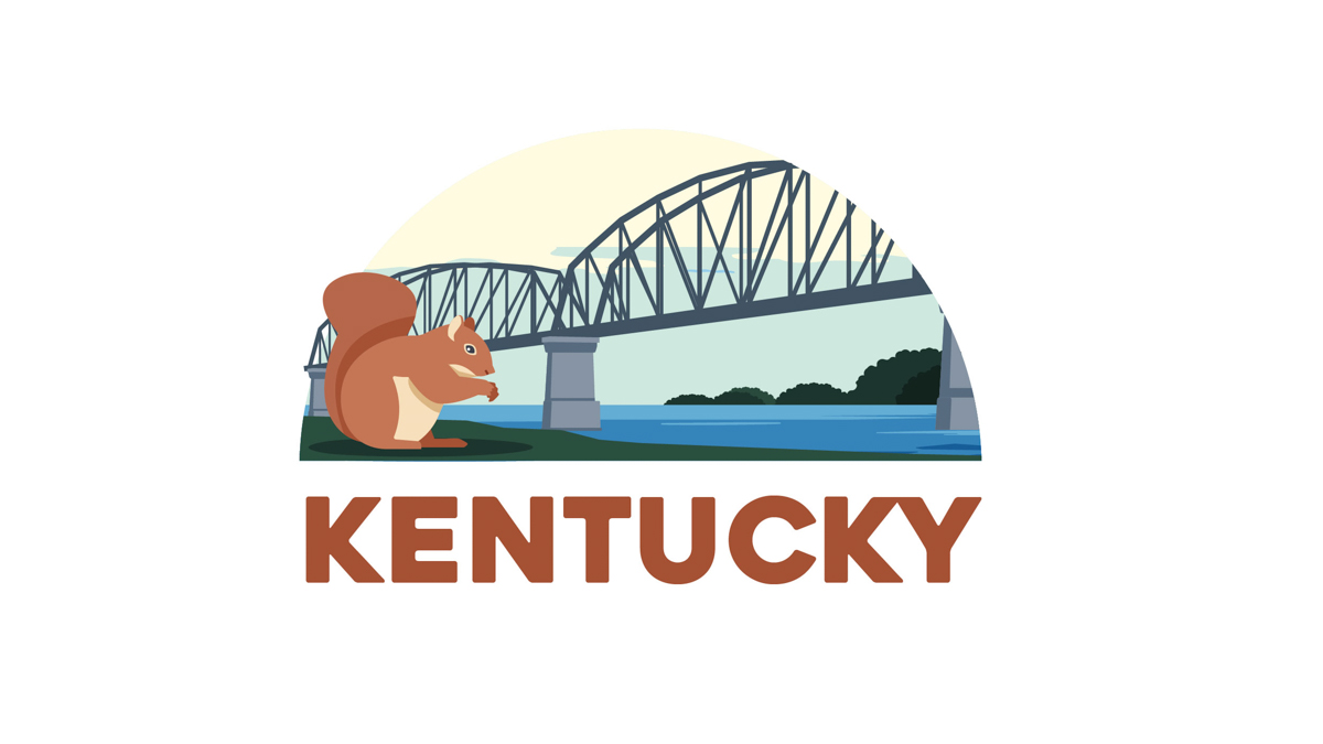Illustration of Kentucky's state animal - squirrel with The Big Four Bridge in the background