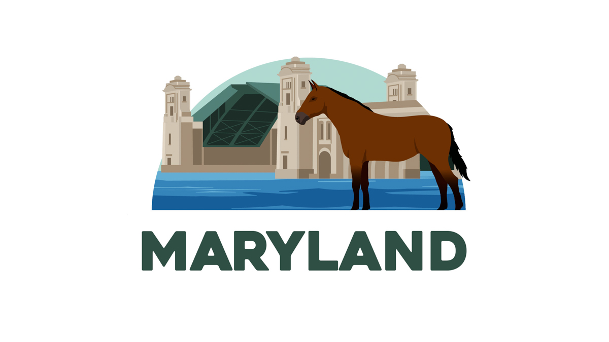 Illustration of Maryland's state animal - Thoroughbred horse with Hanover Street Bridge in the background