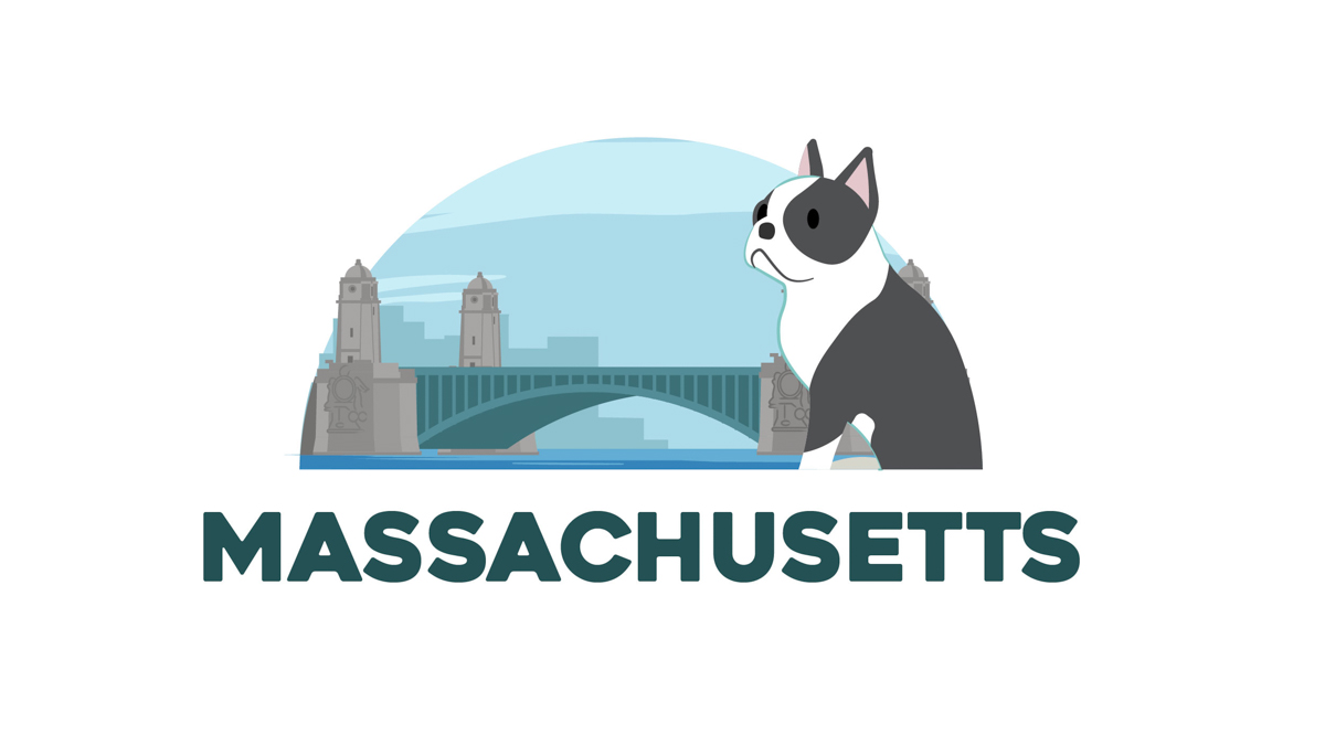 Illustration of Massachusetts's state animal - Boston Terrier with Longfellow bridge in the background