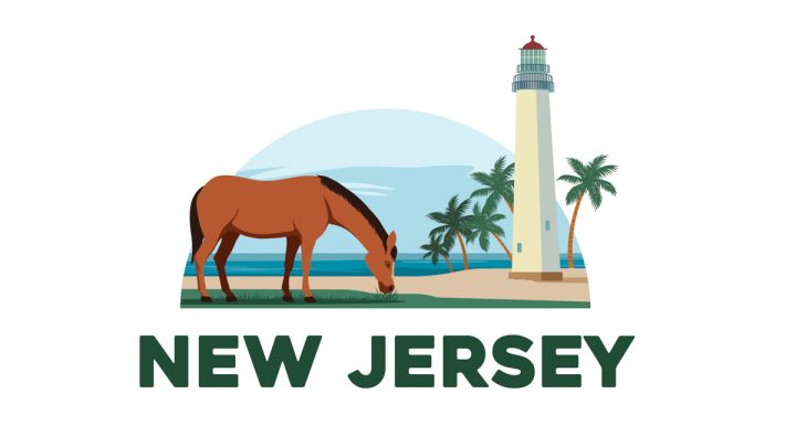 Illustration of New Jersey state animal - a browne horse on the beach in front of Cape May lighthouse