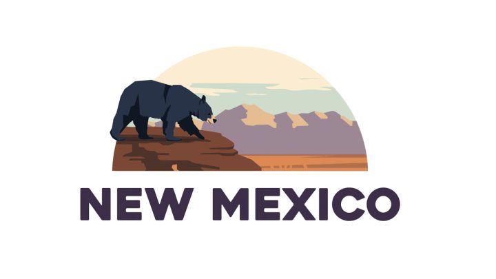 Illustration of New Mexico's state animal - a black bear standing on a cliff looking down to the desert